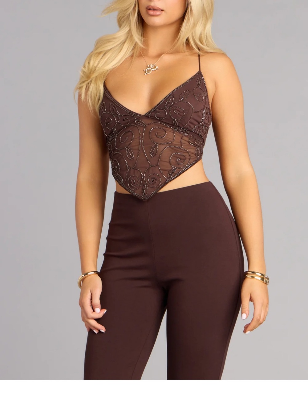 Windsor Brown Embellished Sheer Handkerchief Cami